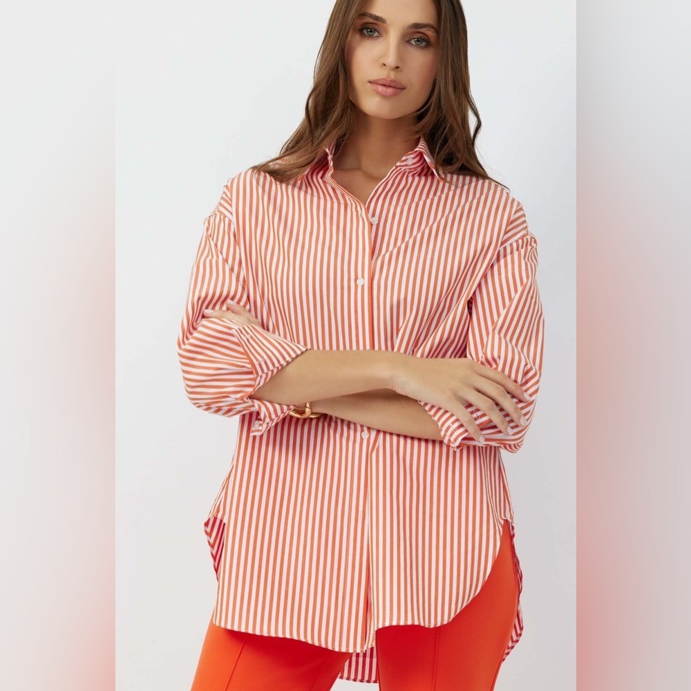 GREY/VEN Reya Oversized Button Down Shirt in Bengal Orange Stripe Size S/M